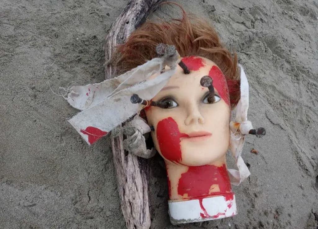 Κούκλα με καρφιά και κόκκινο χρώμα, βρεθείσα στην παραλία Δρεπάνου Ηγουμενίτσας